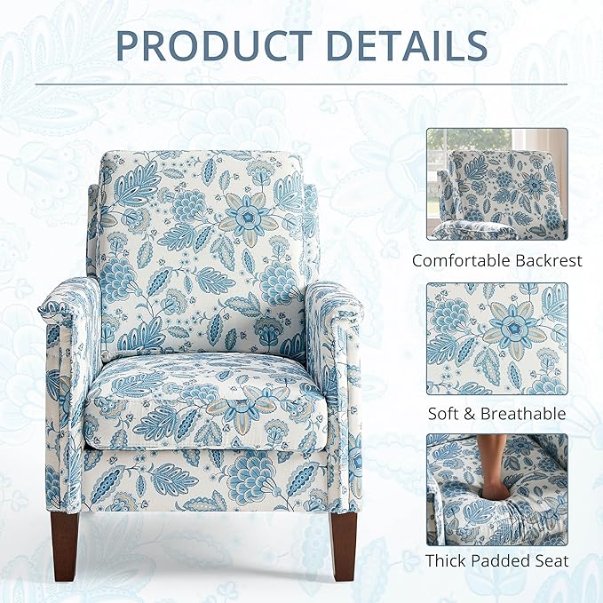 Floral Accent Chair, High Back Upholstered Armchair with Solid Wooden Legs, Padded Armrest and Removable Comfortable Cushioned Seat Single Sofa for Living Room, Bedroom, Blue