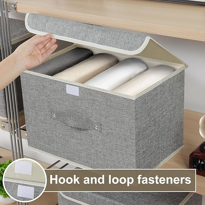 Fabric Storage Bins Cube Organizers with Flip-Top Lid and Handles,Storage Boxes for Organizing Home,Office,and Closet,Grey,3 Pack 15 x 9.8 x 9.8 in