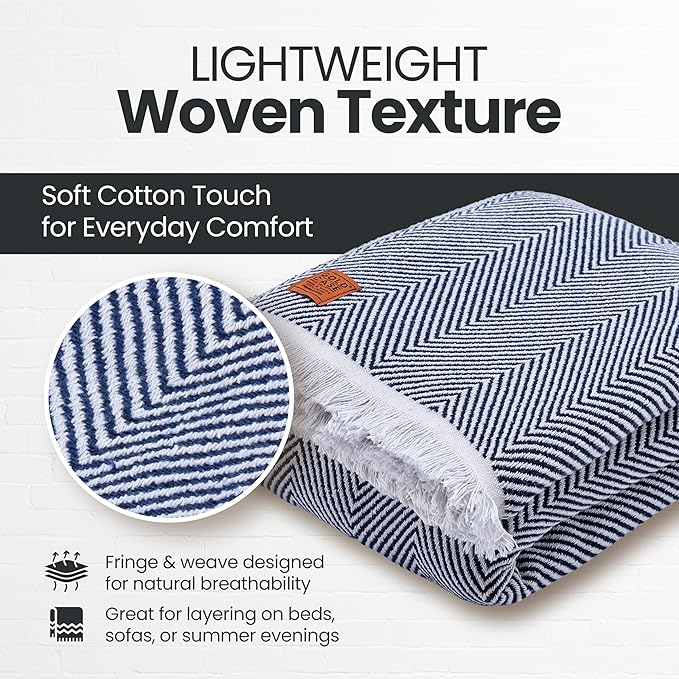 Gold Case Throw Blanket for Bed – 100% Recycled Turkish Cotton Bed Blanket – Decorative Throw Cotton Blankets for Living Room & Bedroom – Woven Twin Blankets - 71x90 - Navy Blue