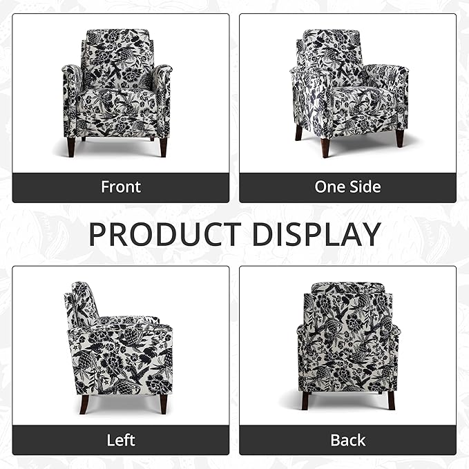 Floral Accent Chair, High Back Upholstered Armchair with Solid Wooden Legs, Padded Armrest and Removable Comfortable Cushioned Seat Single Sofa for Living Room, Bedroom, Black