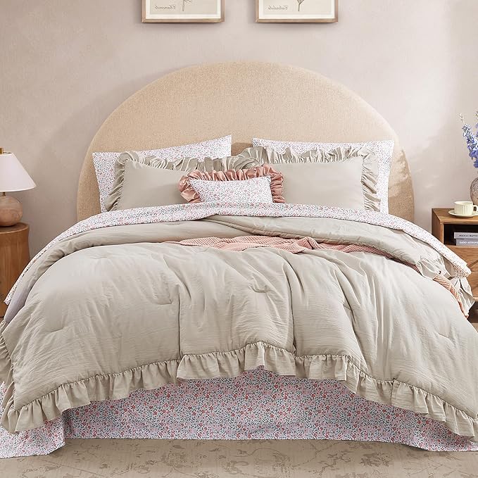Full Comforter Set - 7 Pieces Ruffle Beige Bedding Sets, Shabby Chic Farmhouse Bed in a Bag Full with Ruffle Comforter, Floral Sheets, Pillowcases & Shams