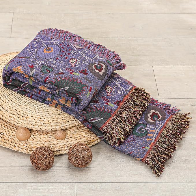 Boho Throw Blanket for Bed,100% Ultra Cotton Soft Breathable Bed Throw Floral Printed Farmhouse Decor Rustic Bed Throws for Couch Sofa Quilt Purple Flowers 60" x 80"