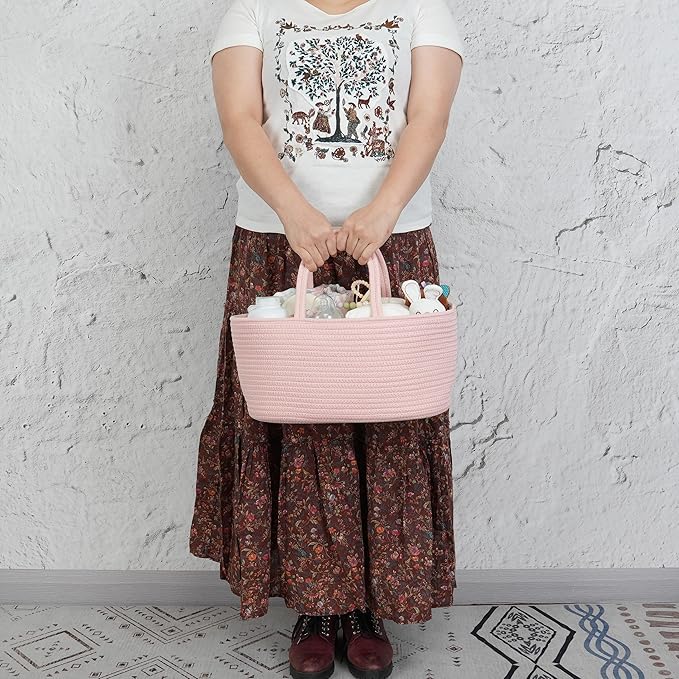 Diaper Caddy Organizer Cotton Rope Baby Basket Nursery Storage and Portable Tote Bag for Car Ideal Baby Shower Gifts and Registry Must-Have for Newborn Essentials coral pink