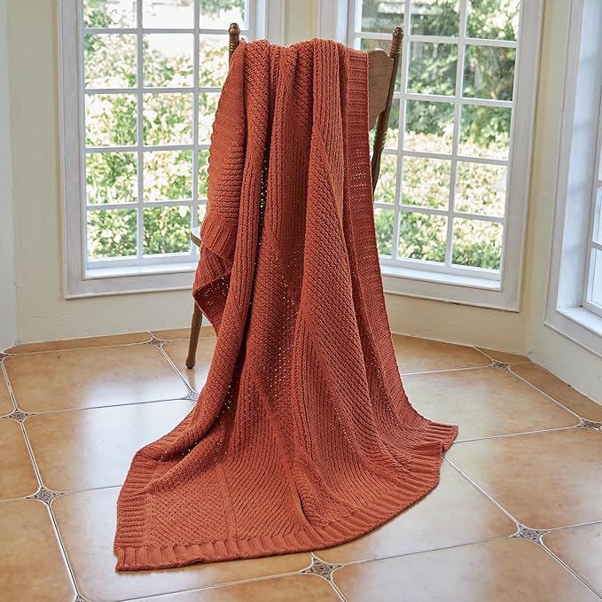 Amélie Home Chenille Knit Throw Blanket for Couch, Chevron Texture Decorative Soft Blanket for Sofa, Bed & Chair, 50"x60", Burnt Orange