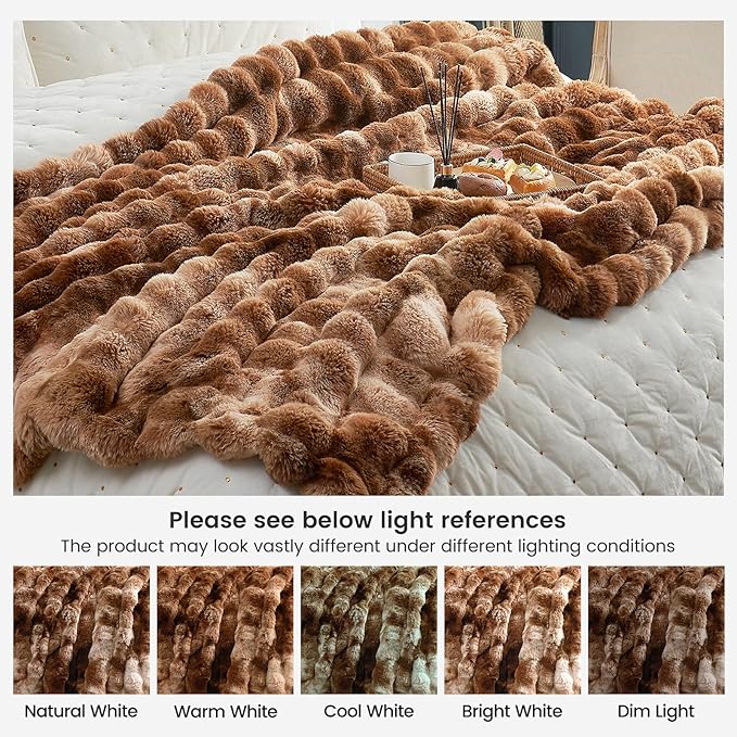 Cozy Bliss Faux Fur Throw Blanket for Couch, Fuzzy Soft Plush Thick Bubble Blanket for Sofa Bedroom Living Room, 50 * 60 Inches Tie Dye Brown