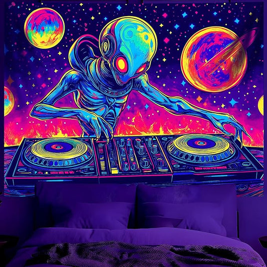 BVBOX Blacklight Space Alien Tapestry 79"x59", UV Reactive DJ Alien Universe Galaxy Planet Glow in Dark Music Tapestries, Black Light Neon Upright Poster Wall Hanging Backdrop Decor for Bedroom Living Room