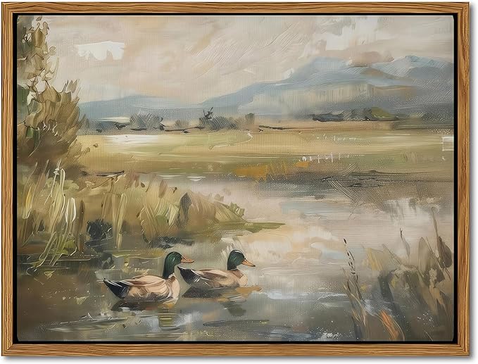 Floating Framed Canvas Wall Art, Vintage Mallard Duck Oil Paintings Print, Countryside Art Wildlife Nature Pond Wall Decor for Living Room, Bedroom, Office, Rustic Decor 8x10 inch