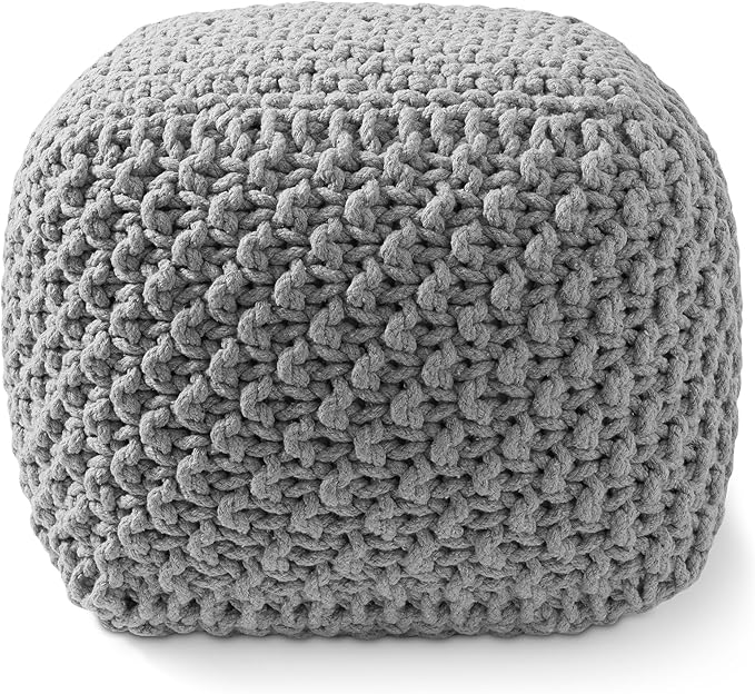 Casafield Square Pouf Ottoman, Light Gray 18.5" W x 18.5" D x 14.5" H Cotton Knit Foot Stool - Boho Floor Pouffe for Living Room, Bedroom, Home Office