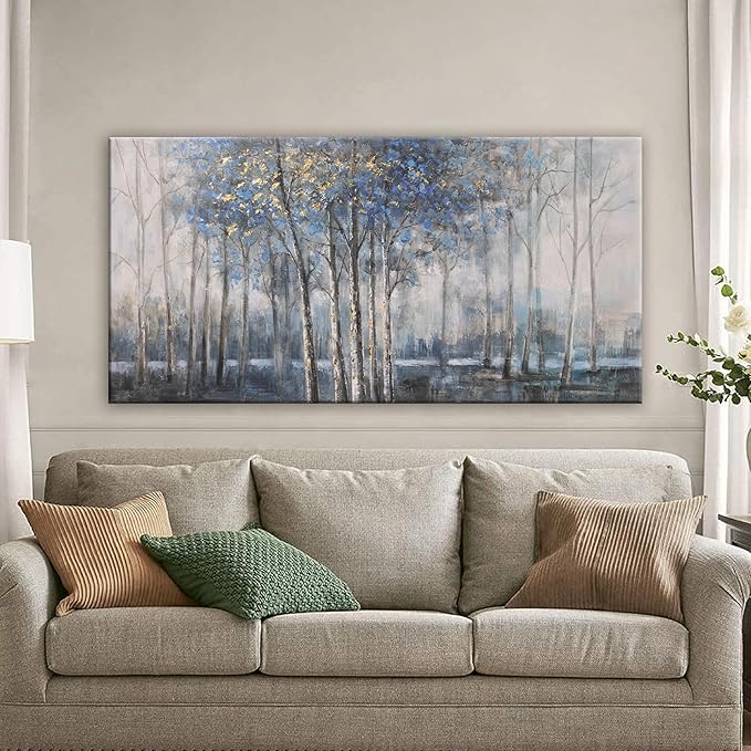 Canvas Wall Art Decor Pictures Wall Decor Prints Modern Large Wall Art Gold Wall Art Blue Grey Misty Botanical Textured Artwork for Walls For Room Living Room Bedroom Office Wall Decor 24"X48"