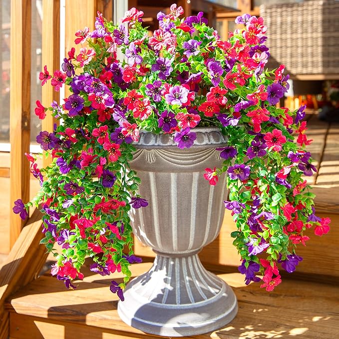 Artificial Faux Hanging Flowers Plants for Spring Outdoor Outside Decoration, 2 PCS Fake Silk Daisy with Eucalyptus UV Resistant Realistic Trailing Vines for Balcony Patio Porch (Darkpurple+Hotpink)