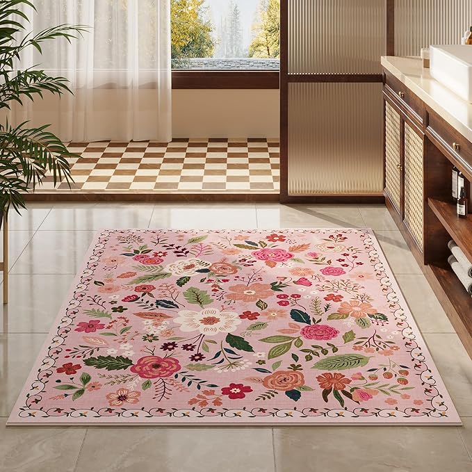 Bedroom Rug 3x5 Rug Washable Area Rug Non Slip Low Pile Boho Floral Small Carpet for Bedroom, Bedside, Kitchen, Entryway, Kids Room, Office, College Dorm Essentials for Girls(Pink)