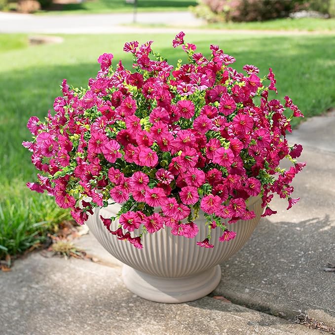 Artificial Flowers for Outdoors Fake Plants, 12 Bundles Faux Fuchsia Morning Glory UV Resistant Look Real Silk Flowers for Outside Planter Front Door Porch Patio Yard Fall Autumn Decoration