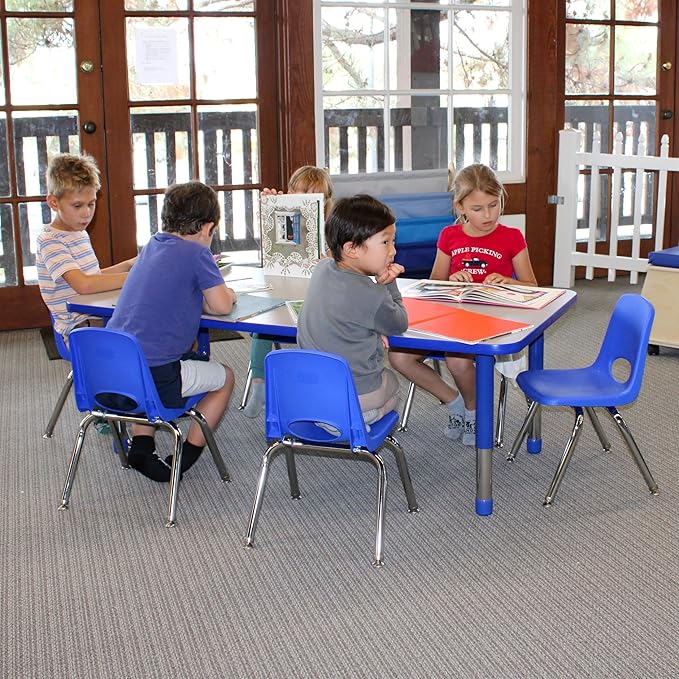 FDP Rectangle Activity School and Classroom Kids Table (30 x 60 inch), Toddler Legs, Adjustable Height 15-24 inches - Gray Top and Blue Edge
