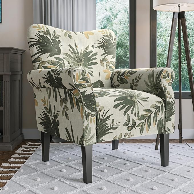 BELLEZE Modern Accent Chair for Living Room, High Back Floral Armchair with Wooden Legs, Upholstered Wingback Side Chair Padded Armrest Single Sofa for Living Room, Bedroom - Allston (Green Floral)
