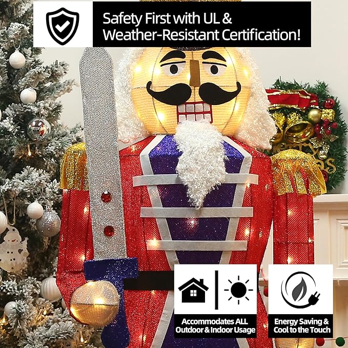 61Inch Nutcracker Christmas Decor Outdoor with LEDs 5 Feet Lighted Large Nutcracker Lighted Christmas Decorations Outdoor with Stakes & Zip Ties for Xmas Yard, Porch, Lawn