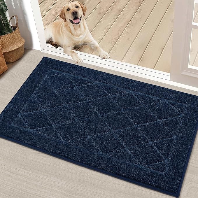 BEQHAUSE Dirt Trapper Door Mat 20" x 32", Doormat Non-Slip Entryway Rugs Washable, Dog Door Mat Stain Resistant and Absorbent Welcome Floor Mat for Front Back Door, Muddy Wet Shoes & Paws, Navy Blue