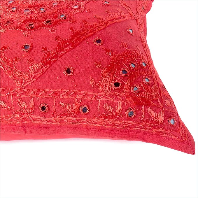 Eyes of India Embroidered Decorative Boho Throw Pillow Cover with Mirrors, Handmade Bohemian Accent Cushion Case for Sofa Couch Bedroom Living Room (Red, 16" x 16")