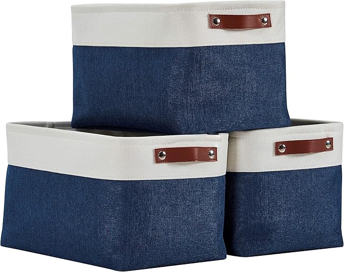 DECOMOMO Storage Baskets for Shelves - Fabric Closet Organizers and Storage Bins, Perfect Baskets for Organizing Closet Toys Nursery (Navy Blue and White, XL - 3 Pack)