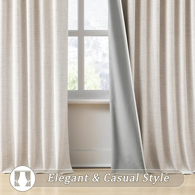 Extra Wide Curtains 96 Inch Long 2 Panels,Floor to Ceiling Boho Noise Reduction Window Burlap Track System Curtain Panels for Country Villa Back Tab Pleat Tape with Hooks,Linen Beige 70x96