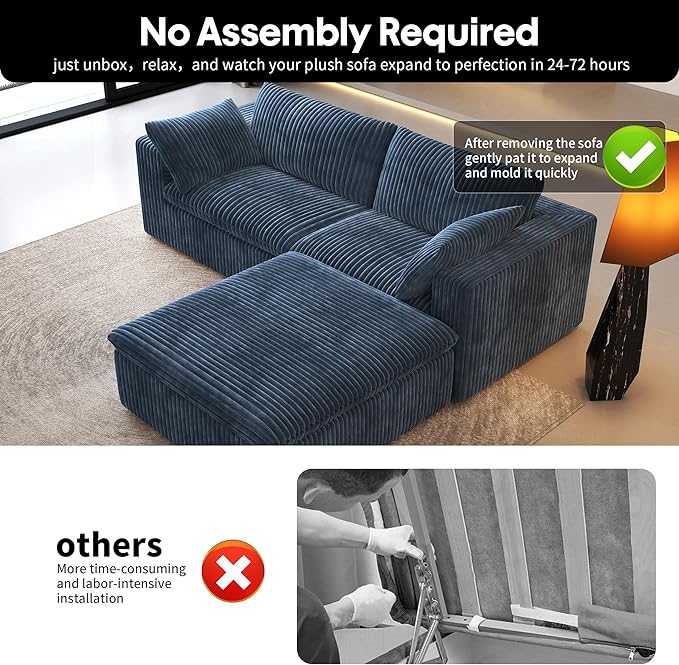 78.74" L Shaped Modern Sofa Modular Sectional Cloud Couch with Ottoman,Upholstered Couches with Plush Corduroy Fabric for Living Room Furniture,Bedroom and Apartment,No Assembly Required,Blue