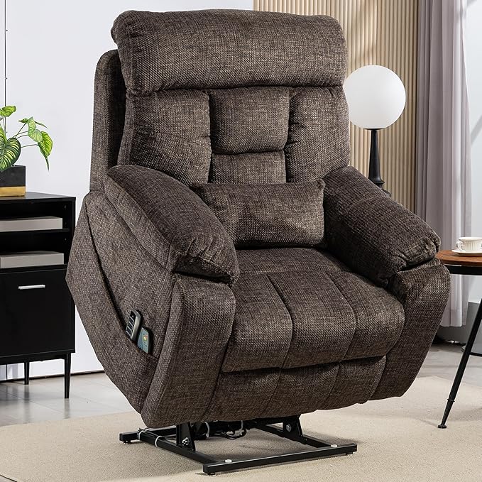 4 OKIN Motor Power Lift Recliner Chair for Elderly Adults Extra Large Lay Flat Recliners with Massage Heat, Adjustable Head-Back-Lumbar-Leg-Support, Extended Footrest, 2 Cup Holders