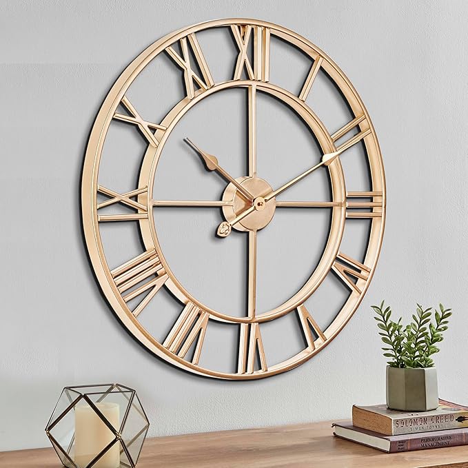 CLXEAST Champagne Gold Metal Wall Clock, Large Roman Numeral 24 Inch Wall Clocks for Living Room Decor,House Warming Gifts New Home