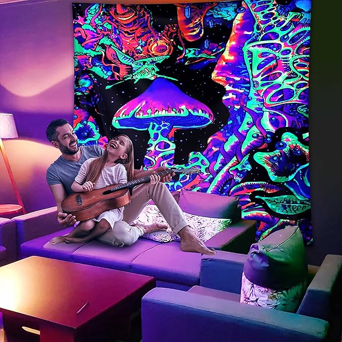 ADDWel Blacklight Mushroom Tapestry, Upright Tapestry Glow In The Dark, UV Reactive Black Light Tapestries Posters Wall Hanging for Backdrop Bedroom Dorm Living Room Decor(70"x90")