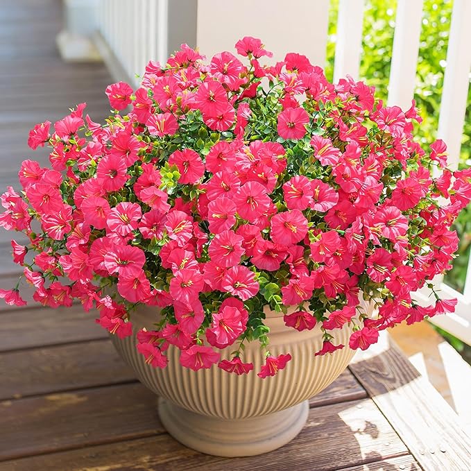 Artificial Flowers for Outdoors Fake Plants Outside Decoration, 12 Bundles Silk Hot Pink Morning Glory UV Resistant Look Real Faux Flowers for Planter Front Door Porch Patio Yard Gardens Home