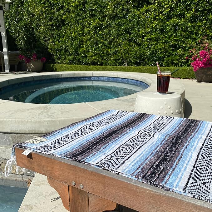 Del Mex Classic Mexican Blanket, Large Authentic Woven Falsa Throw (70"x50"), Artisan Southwest Décor for Beach, Yoga, Outdoors (Light Blue)