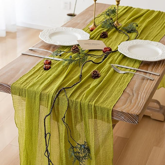 3pcs Moss Green Cheesecloth Table Runner Gauze 120 Inch 10 FT Rustic Boho Cheese Cloth Runner for Wedding Baby Shower Bridal Shower Birthday Party Long Sheer Home Decorations