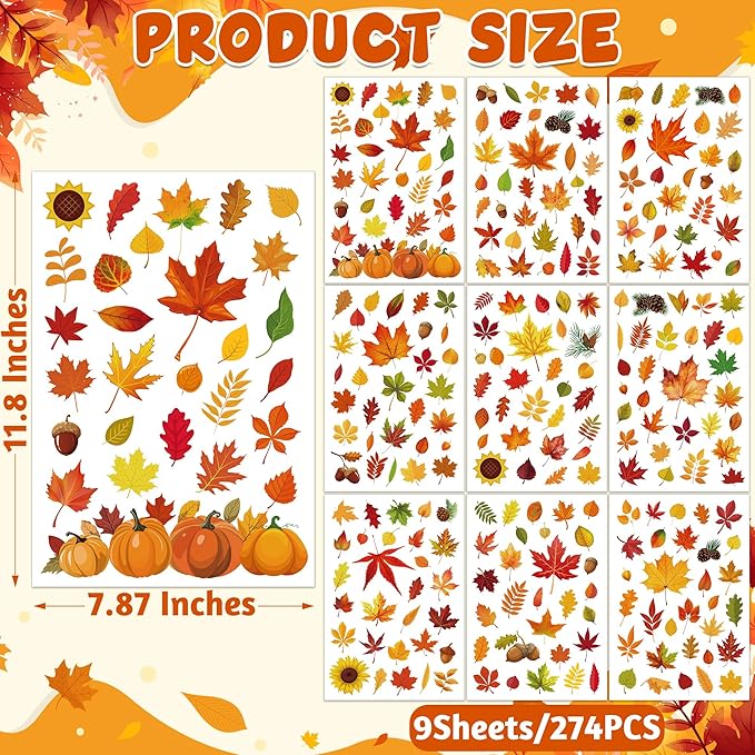 9 Sheets Fall Decorations, 274 PCS Fall Window Clings, Double Sided Autumn Stickers with Maple Leaves Pumpkin Nuts, Autumn Window Clings for Party Thanksgiving Decor Indoor Outdoor Accessories