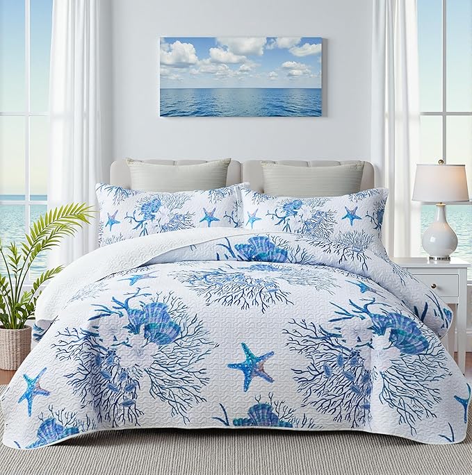 Coastal Bedding King Size Coastal Quilt with 2 Shams, Nautical Beach Comforter Sets Ocean Bedspreads Blue Starfish Coverlet Summer Bedding, 96''x106''