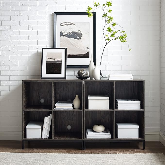 Crosley Furniture Jacobsen 2-Piece Vinyl Record Storage Cube Bookcase Set and Record Player Stand, Brown Ash