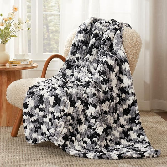 Amélie Home Chunky Knit Throw Blanket for Couch, Soft Chenille Crochet Blanket for Sofa, 50"x60", Space-Dyed Black
