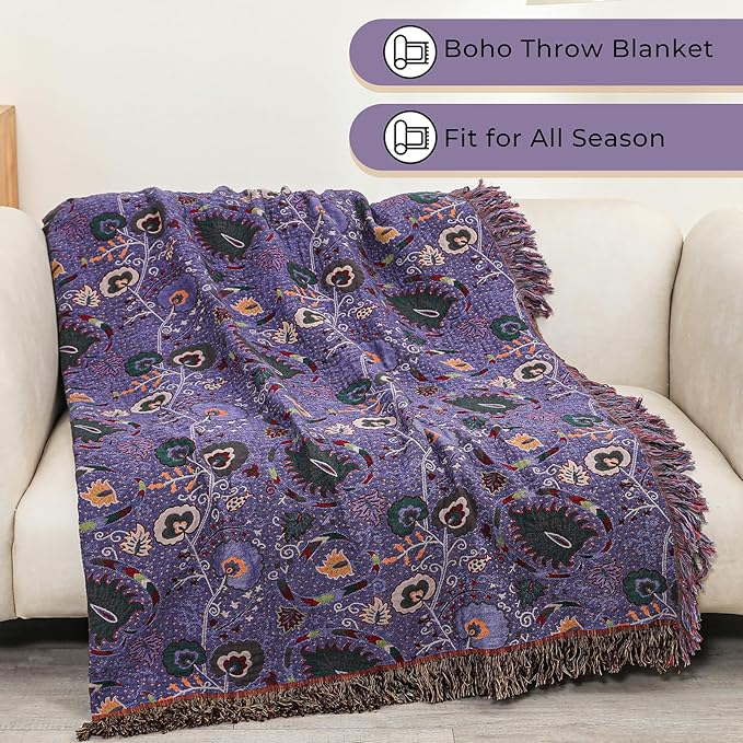 Boho Throw Blanket for Bed,100% Ultra Cotton Soft Breathable Bed Throw Floral Printed Farmhouse Decor Rustic Bed Throws for Couch Sofa Quilt Purple Flowers 60" x 80"