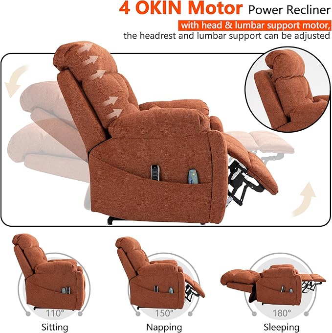 4 OKIN Motor Power Lay Flat Lift Recliner Chair for Elderly Adults Extra Large Recliners with Massage Heat, Adjustable Head-Back-Lumbar-Leg-Support, Extended Footrest, 2 Cup Holders