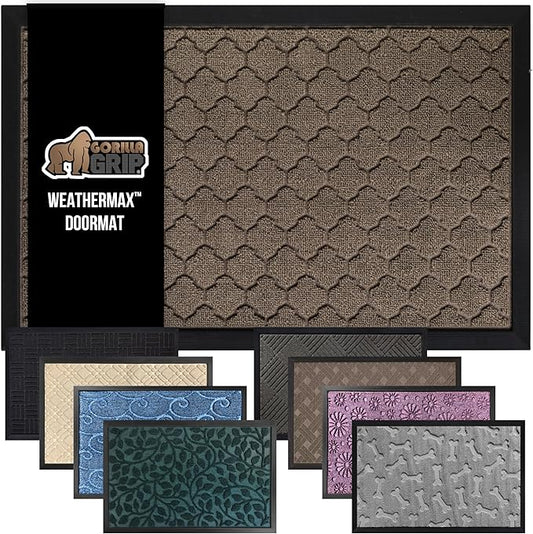 GORILLA GRIP 100% Waterproof All-Season WeatherMax Doormat 35x23, US Designed Natural Rubber, Stain and Fade Resistant, Low Profile Indoor Outdoor Door Mats, Easy Clean Patio Mat, Latte Quatrefoil
