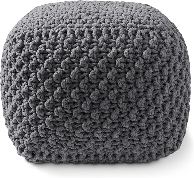 Casafield Square Pouf Ottoman, Dark Gray 18.5" W x 18.5" D x 14.5" H Cotton Knit Foot Stool - Boho Floor Pouffe for Living Room, Bedroom, Home Office