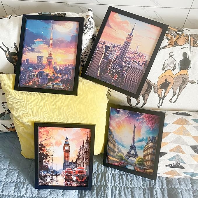 Boho Wall Art Decor,New York, London, Tokyo, Paris, Eiffel Tower,City Wall Decor Art,Modern Landscape Wall Art for Living Room Bedroom Prints Poster,8x10 Inch Set of 4,Framed