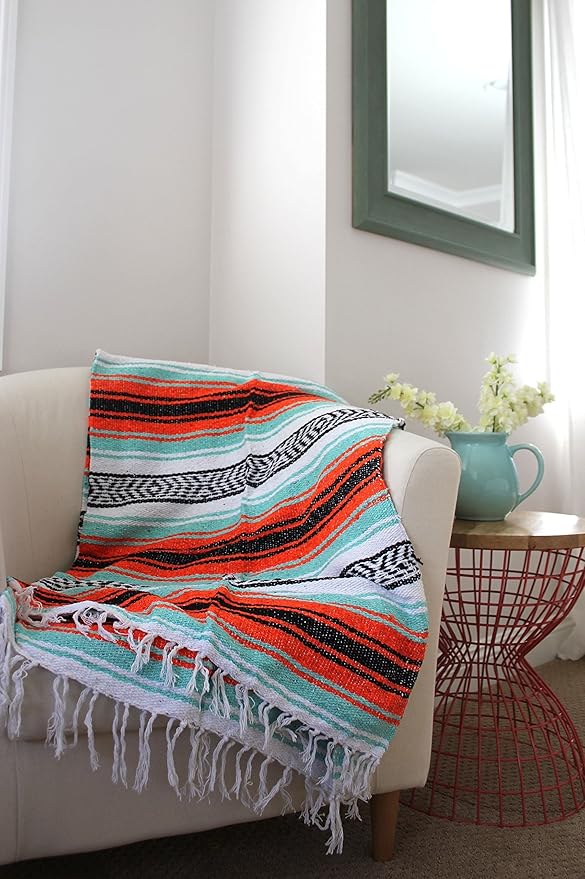 Del Mex Classic Mexican Blanket, Large Authentic Woven Falsa Throw (70"x50"), Artisan Southwest Décor for Beach, Yoga, Outdoors (Mint/Orange)
