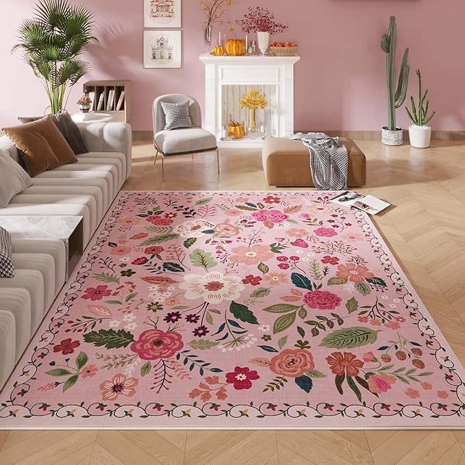 Area Rugs 8x10 Rug for Living Room Clearance Washable Boho Area Rug Non Slip Floral Vintage Low Pile Large Rug for Living Room, Bedroom, Farmhouse, Dining Room, Kids Playroom(Pink)