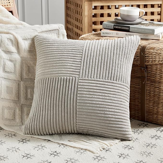 Fancy Homi 2 Packs Neutral Grey Big Decorative Throw Pillow Covers 24x24 Inch for Living Room Couch Bed, Rustic Farmhouse Boho Home Decor, Soft Corss Corduroy Patchwork Accent Square Cushion Case 60cm