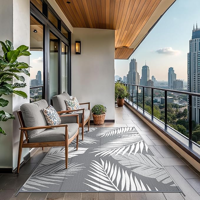 GENIMO Outdoor Rug 9' x 12' Waterproof for Patios Clearance, Reversible Plastic Straw Camping Carpet, Large Area Rugs Mats RV, Picnic, Backyard, Deck, Balcony, Porch, Beach, Grey&White