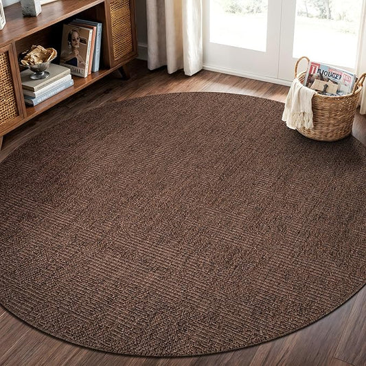 CAMILSON Easy Jute Round Rug 6ft Indoor Outdoor Brown Color Fiber Area Rugs for Living Room Patio and Kitchen Rug, Solid Boho Woven Design Easy-Cleaning, Washable Outside Carpet Alfombras (6 Round)