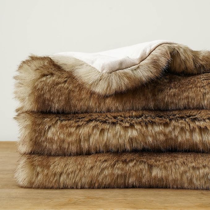 BATTILO HOME Luxury Camel Faux Fur Throw Blanket, Soft Cozy Warm Mink Fur Blanket for Bed, Home Decor, Large Striped Fur Blankets and Throws Faux, 60"x80"