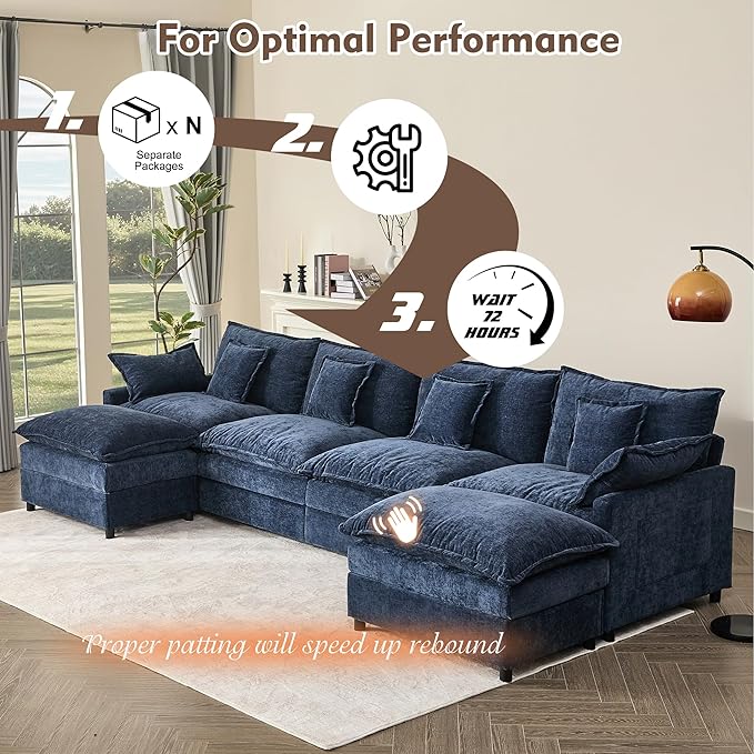 142.5" U Shaped Couch, Modular Sectional Sofa, 3-Seater Comfy Cloud Couch with Movable Ottoman, Deep Seat Couches for Living Room, Chenille, Navy