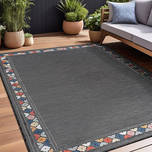 Beverly Rug Outdoor Rug 9x12 Modern Bordered Large Area Rugs for Indoor and Outdoor Patio Easy to Clean Non Shedding Living Room Porch Garden Washable Outside Carpet (9 x 12 Dark Gray)