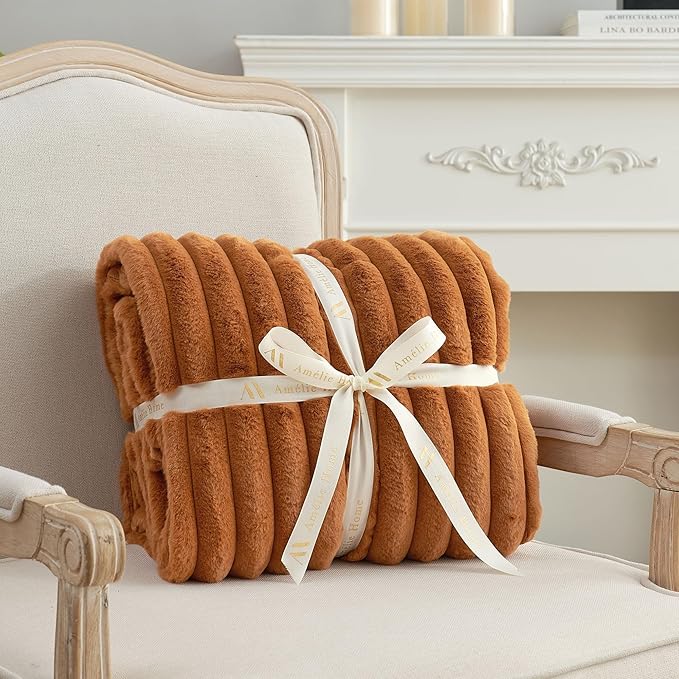 Amélie Home Faux Fur Throw Blanket for Couch, Cozy Fuzzy Fluffy Fur Luxurious Soft Striped Plush Gift Blankets for Family Sofa Chair Bed Living Room Bedroom, 55"x70", Brown