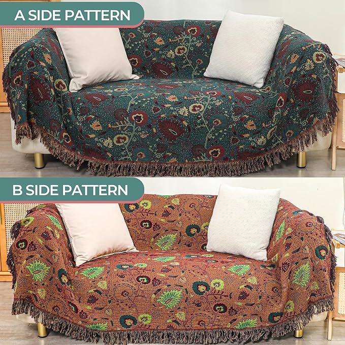 Boho Fall Throw Blanket for Bed，100% Ultra Cotton Soft Breathable Bed Throw Floral Printed Farmhouse Decor Rustic Bed Throws for Couch Sofa Quilt 80" x 90"