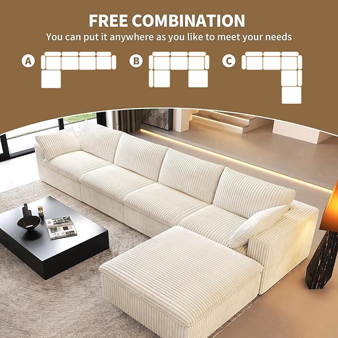 157.5" L Shaped Modern Sofa Modular Sectional Cloud Couch with Ottoman,Deep Seat Upholstered Couches with Corduroy Fabric for Living Room Furniture,Bedroom and Apartment,No Assembly Required,White